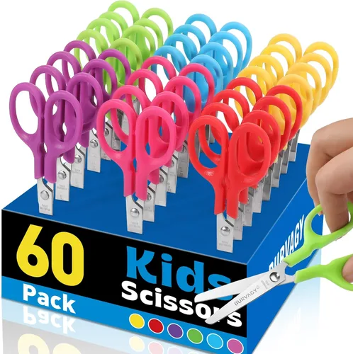 BURVAGY Paquete de 60 tijeras para niños pequeños de 5 pulgadas, cuchillas afiladas de acero inoxidable, tijeras de agarre cómodo para niños, papel