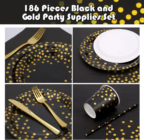 Miniatura 3 de Sylken Juego de vajilla de fiesta de 186 piezas en negro y dorado - 25 invitados, platos de papel, servilletas, vasos de papel y vajilla