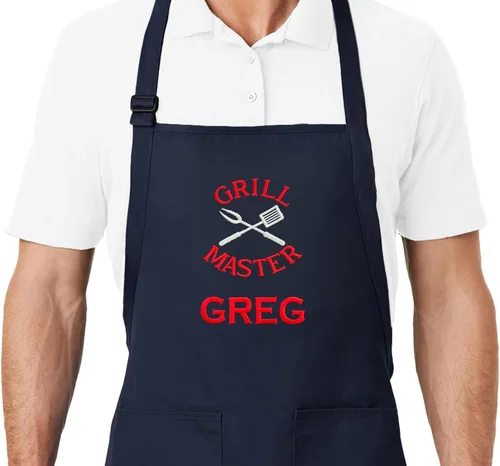 Delantal de chef bordado personalizado con nombre personalizado, un regalo de calidad premium para hombres y mujeres Azul marino