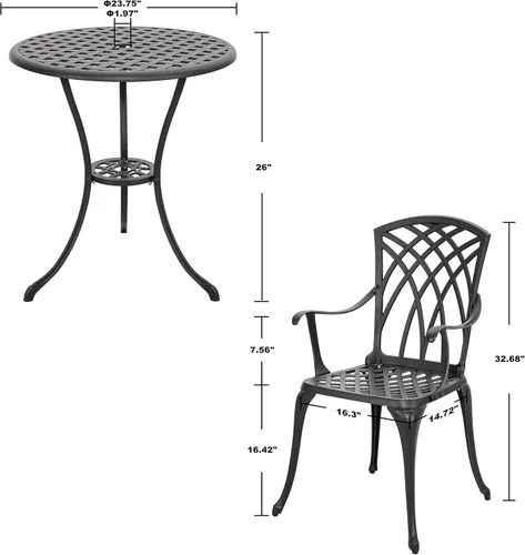 Miniatura 6 de NUU GARDEN Juego de mesa y sillas de aluminio fundido para patio, 3 piezas, con agujero para paraguas, juego de 2 unidades para patio, color negro