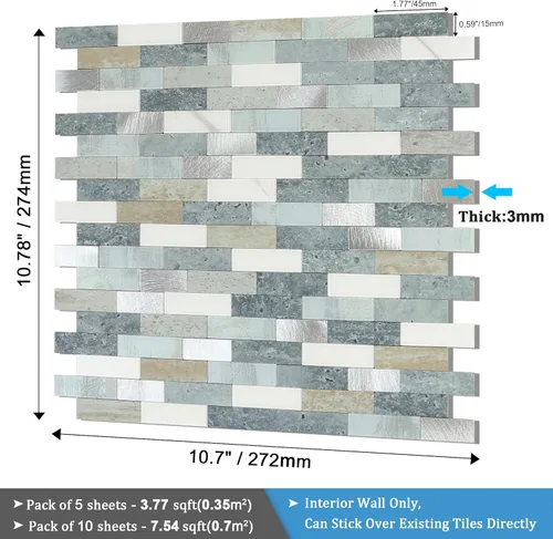 Miniatura 6 de BeNice Adhesivos para despegar y pegar, para cocina, mosaico, baño, mármol, ducha, azulejos, impermeables, (10 hojas, azul gris)