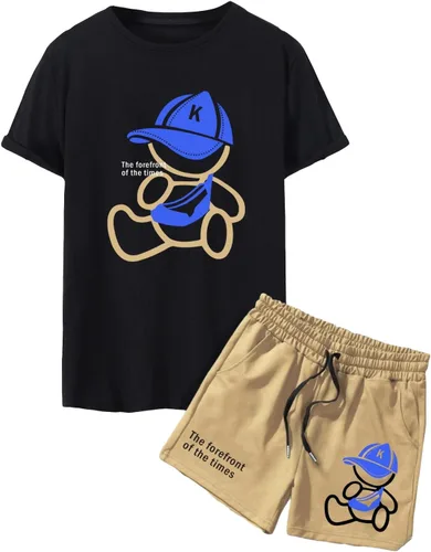 COZYEASE Conjunto de 2 piezas para hombre, camiseta gráfica de manga corta, pantalones cortos con cordón y pantalones cortos de verano para la playa