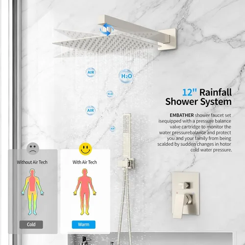 Miniatura 5 de EMBATHER Sistema de Ducha Juego de Grifería de Ducha de 12 pulgadas para Baño, Mezclador de Lluvia de Lujo, Juego Combinado de Cabezal de Ducha