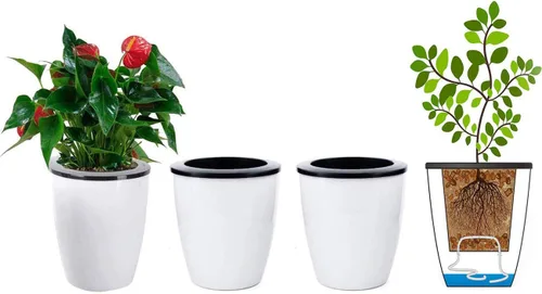 Macetero de riego automático de 5.2" en color blanco, maceta de flores, juego de 3 macetas medianas, maceta mini, para todas las plantas, hierbas,