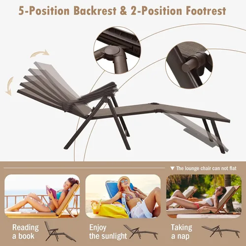 Miniatura 7 de Tangkula Sillón plegable para exteriores, tumbona reclinable con respaldo ajustable de 5 posiciones y reposapiés de 2 posiciones, no requiere Marrón