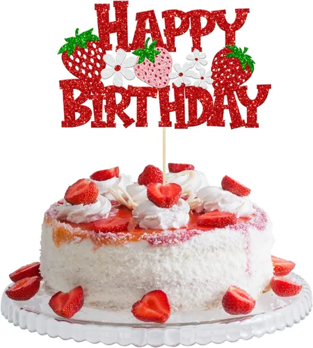 Gyufise 1 decoración de pastel de fresa con purpurina y temática de frutas, decoración de pastel de bayas para temática de fresa, baby shower, Rojo-1