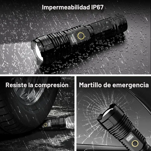 Miniatura 7 de Linternas recargables de alto lúmenes, 10000 lm LED súper brillante, linternas con zoom con pantalla digital LCD, 5 modos, impermeable, potente Negro