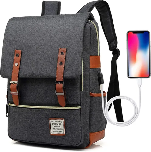 UGRACE - Mochila vintage para portátil con puerto de carga USB, elegante mochila de viaje resistente al agua, mochilas casuales para hombres y Negro