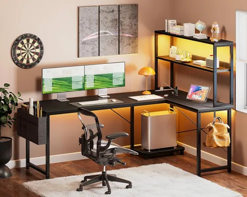 Miniatura 8 de Casaottima Escritorio para juegos de 61 pulgadas con tomas de corriente y luces LED, escritorio reversible en forma de L con estantes y bolsa