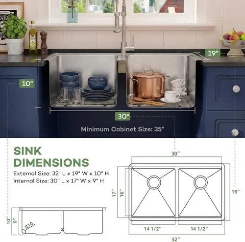 Miniatura 6 de LQS Fregadero de cocina de doble tazón para muchas ollas y sartenes, fregaderos de cocina de acero inoxidable para montaje bajo y caída