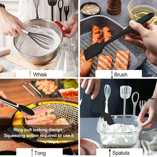 Miniatura 6 de LIANYU Juego de utensilios de cocina de silicona negra de 12 piezas con soporte, herramientas de cocina que incluyen espátula ranurada, cuchara