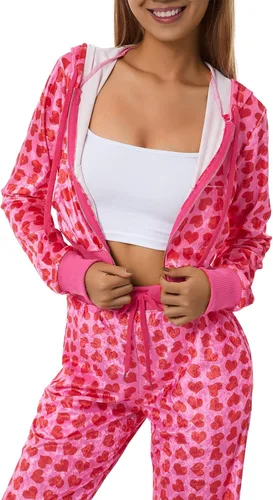Miniatura 6 de Yiiciovy Conjunto deportivo de terciopelo rosa de 2 piezas para mujer, estampado de corazón, cremallera, sudadera con capucha Y2K, sudadera