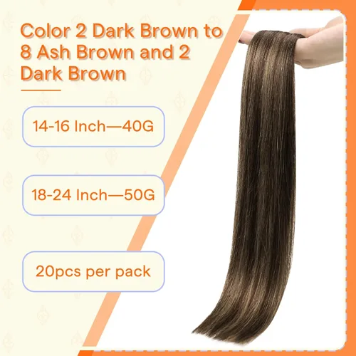 Miniatura 2 de Full Shine Extensiones de cabello humano con cinta adhesiva, color marrón oscuro 2 que se desvanece a marrón ceniza 8, mezclado con 2 marrón, 24