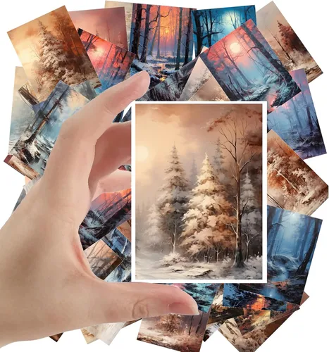 Calcomanías grandes, 24 piezas (2.5 x 3.5 pulgadas cada una) hermosos paisajes de bosques invernales increíbles, acuarela, postales vintage,