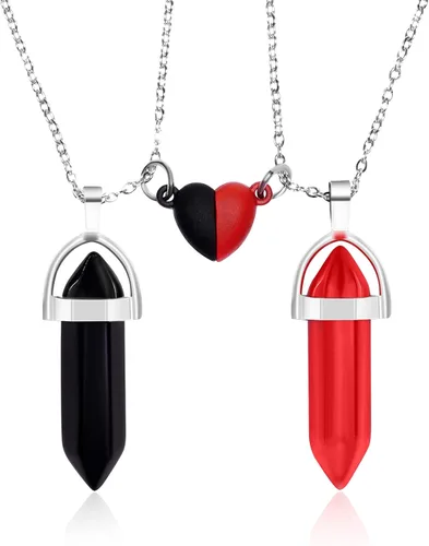 POZANKI 2 collares con dije de cristal curativo de cuarzo negro y rojo, collar de corazón a juego para parejas, mejor amigo, novio, novia, regalo,
