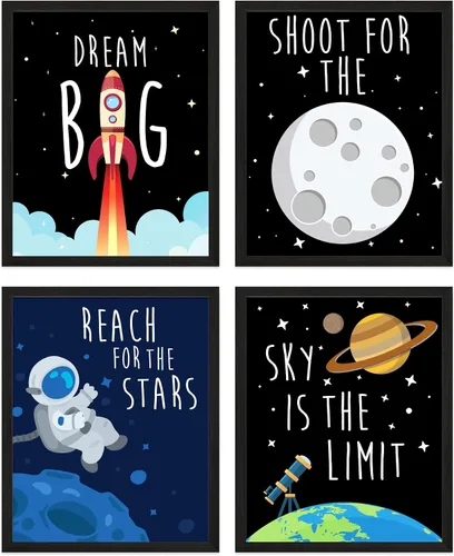 TnT Prints Arte de pared espacial para niños, carteles del sistema solar para niños, carteles para habitación de niños o niñas, juego de 4 sin marco