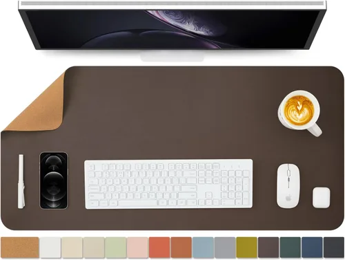 Tapete de escritorio grande de corcho natural y cuero, tapete de escritorio ecológico, protector de escritorio de doble cara, tapete de teclado Café
