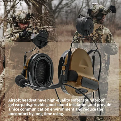 Miniatura 5 de Auriculares tácticos con adaptador de riel ARC, protección auditiva con almohadillas de gel para deportes de airsoft Marrón coyote