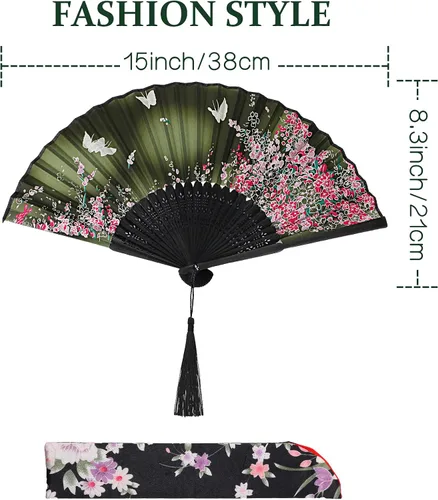 Miniatura 2 de Zonon Paquete de 4 Abanicos Plegables Florales de Mano Abanicos de Seda y Bambú con Borla para Mujeres Abanico de Mano Plegable Calado con Funda