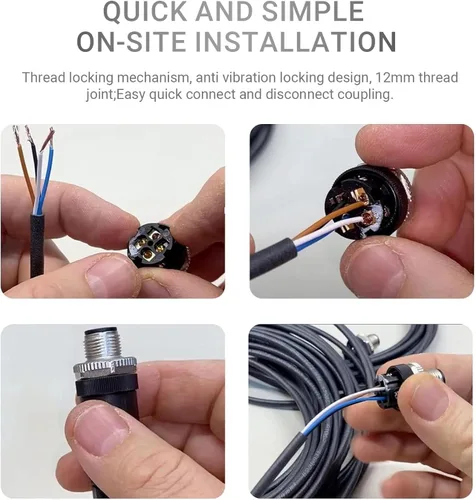 Miniatura 6 de Elecbee Conector de cable M12 Circular Impermeable Enchufe de Aviación Terminación de Tornillo Instalable en Campo Desapantallamiento Recto