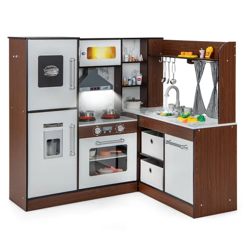 INFANS Juego de Cocina de Esquina para Niños, Juego de Cocina de Madera de Simulación con Circulación de Agua Real, Luz, Sonido, Estufa, Armario de