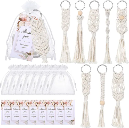 Giegxin 24 llaveros bohemios de macramé a granel con borlas hechas a mano bolsas de organza con etiquetas de agradecimiento para llaves, monederos,