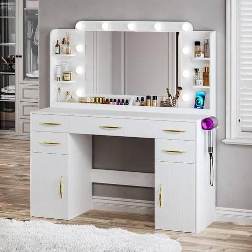Miniatura 6 de ALEXNUTRE Escritorio de maquillaje con luces, tocador grande de 45.5 pulgadas con espejo y luces en 3 modelos, tocador con toma de corriente