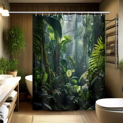 Miniatura 9 de Cortina de ducha verde de selva naturaleza bosque selva tropical paisaje planta tropical decoración de baño, tela impermeable con ganchos, 36x72