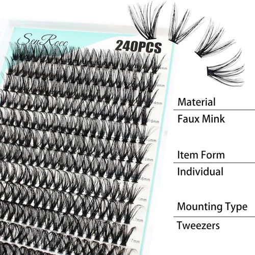Miniatura 7 de Pestañas individuales de 0.55-0.70 pulgadas, 240 unidades de pestañas en racimo curva D, aspecto natural, bandeja mixta para extensiones de pestañas