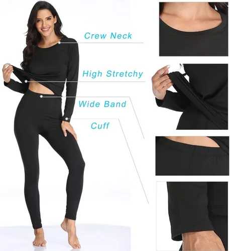 Miniatura 3 de Conjunto de ropa interior térmica para mujer con forro polar ligero ultra suave, juego largo de John que absorbe la humedad, Negro