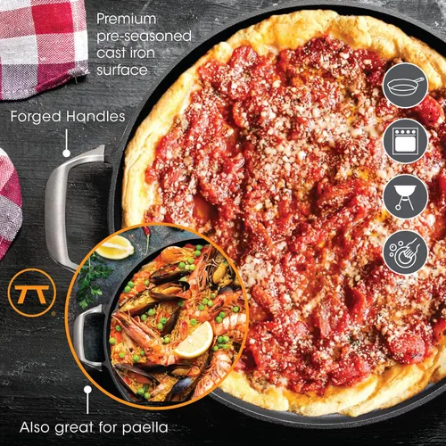Miniatura 7 de Outset Paella para parrilla y bandeja para pizza profunda, sartén de hierro fundido con asas, 18.15 x 14.11 x 1.25 pulgadas