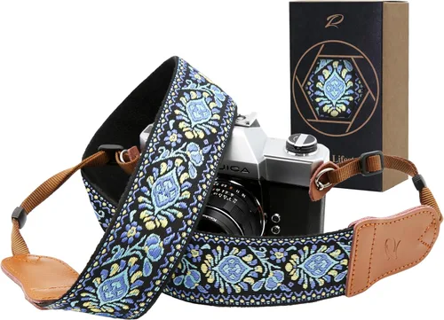 Miniatura 16 de Padwa Lifestyle Correa para cámara de flores marrones, correa de algodón de doble capa de piel de vaca de 2 pulgadas de ancho, bordado jacquard Flor