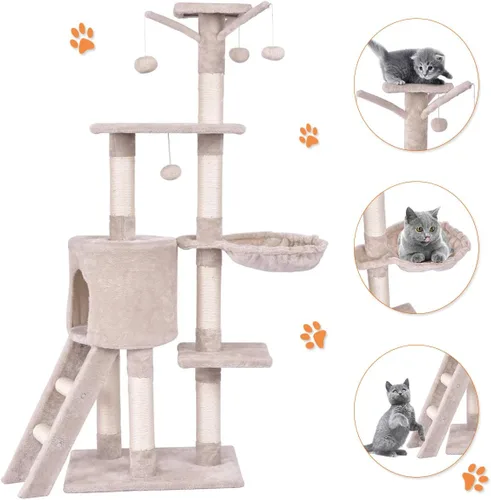 Miniatura 9 de Tangkula Árbol para gatos de 56 pulgadas, torre para gatos de varios niveles con poste rascador de sisal y escalera, área de juegos grande