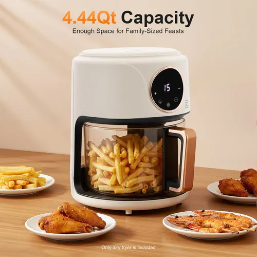 Miniatura 3 de Freidora de aire de 4.44 cuartos de galón, cesta de vidrio de borosilicato, antiadherente y apta para lavavajillas, vista de 360°, temperatura Blanco