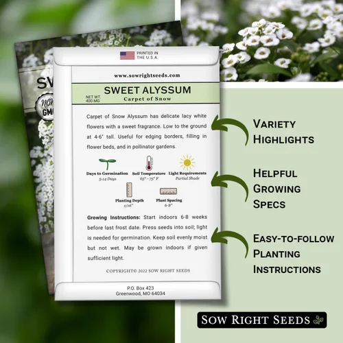 Miniatura 2 de Sow Right Seeds - Alfombra blanca de semillas de flores de nieve Sweet Alyssum para plantar - Paquete de reliquia sin OMG con instrucciones