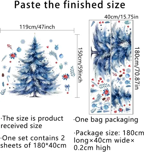 Miniatura 6 de 59x47 Pulgadas Adhesivos de Árbol de Navidad Azul Grande para Pared, Extraíbles DIY, Adhesivos de Árbol de Navidad Acuarela Gigantes para Baño
