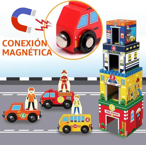 Miniatura 5 de Atoylink - Juguetes de clasificación y apilamiento para niños pequeños con autos magnéticos de madera y ayudantes comunitarios, bloques de números