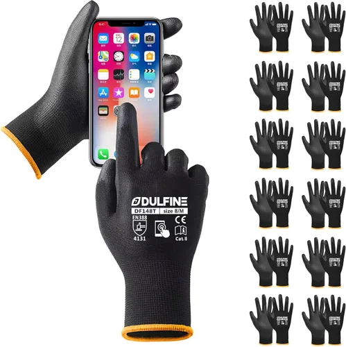 Miniatura 28 de DULFINE Guantes de trabajo de seguridad con revestimiento de poliuretano para hombres y mujeres - 12 pares, guante de punto sin costuras negro