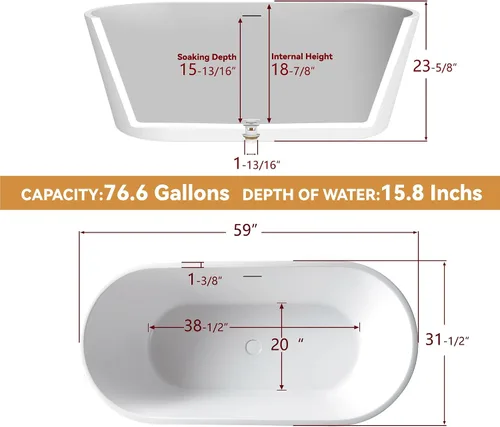 Miniatura 7 de Bañera independiente de 59", bañera independiente de acrílico puro, elegante bañera independiente contemporánea de remojo profundo, certificada cUPC