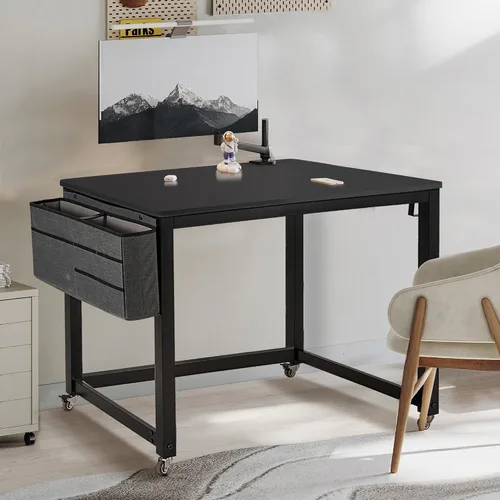 Miniatura 2 de AHB Escritorio para computadora con 4 ruedas lisas, escritorio móvil de estilo simple, mesa de estudio para oficina en casa, estación de trabajo