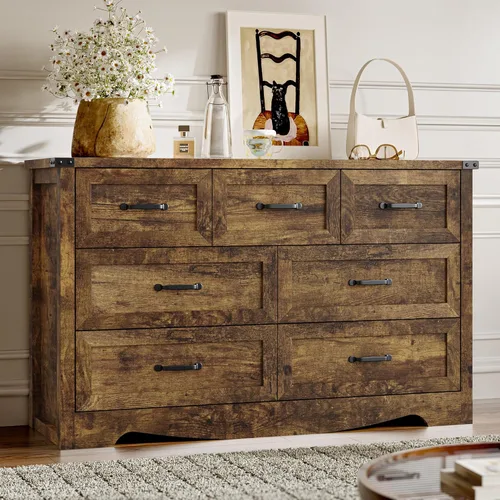 Miniatura 36 de BORNOON - Cómoda de 7 cajones para dormitorio, cómoda de madera moderna con manijas de metal, diseño antivuelco, organizador de almacenamiento Blanco