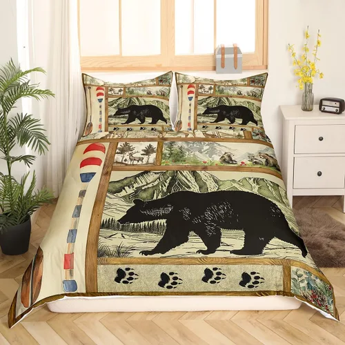 Miniatura 29 de Funda de edredón rústica tamaño Queen, juego de ropa de cama retro para cabaña de cabaña, oso de caza, ciervo, hojas de arce, funda de edredón