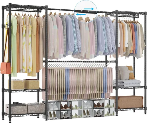 Homdox Perchero resistente con varillas extensibles para colgar, perchero de metal ajustable para colgar ropa, armario independiente con estantes de