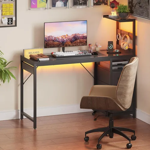 Miniatura 2 de YOUDENOVA 40 Inch Gaming Computer Desk with Led Lights, Small Desk with Storage Shelves and Drawers, Reversible Compact Gamer Table for Home Office