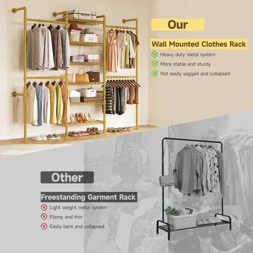 Miniatura 4 de ONBRILL H3 Sistema de Armario Montado en Pared, Perchero de Tubería Industrial Expandible Perchero de Ropa para Colgar Ropa, Organizadores de Dorado