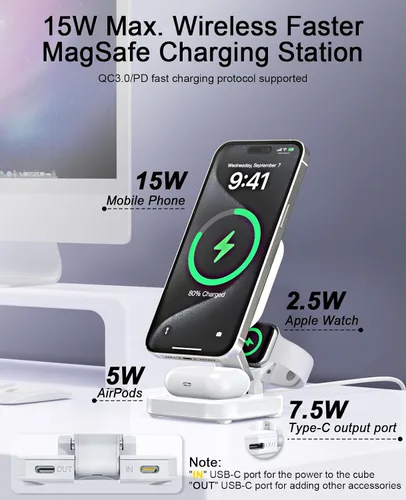 Miniatura 3 de Soporte de carga inalámbrica magnética 5 en 1 para cargador MagSafe de Apple con luz nocturna para iPhone 17/16/15/14/13/12, Watch, AirPods