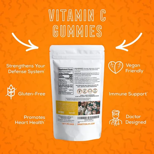 Miniatura 5 de Smart for Life Gomitas de vitamina C, gomitas veganas de vitamina C a base de plantas, sabor naranja natural, gomitas de apoyo inmunológico