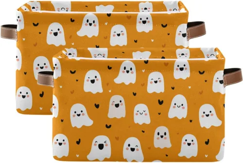 Miniatura 30 de Cesta de almacenamiento de fantasmas blanco y negro para estantes, elegante organizador de lona con asas de cuero, forro impermeable y marco rígido