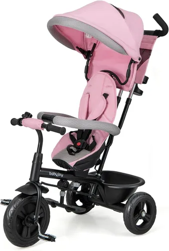 Miniatura 10 de BABY JOY Triciclo para niños pequeños, 7 en 1 con toldo ajustable, asa de empuje para padres, asiento y reposapiés, arnés de seguridad de 5 puntos