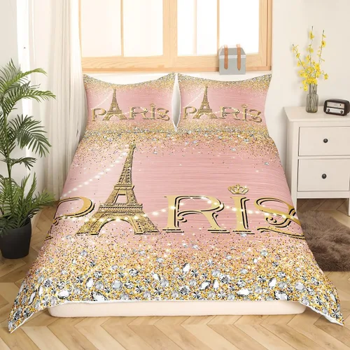 Miniatura 10 de Erosebridal Funda de edredón de la Torre Eiffel para niñas, juego de ropa de cama romántica de París azul, negro y blanco, funda de edredón